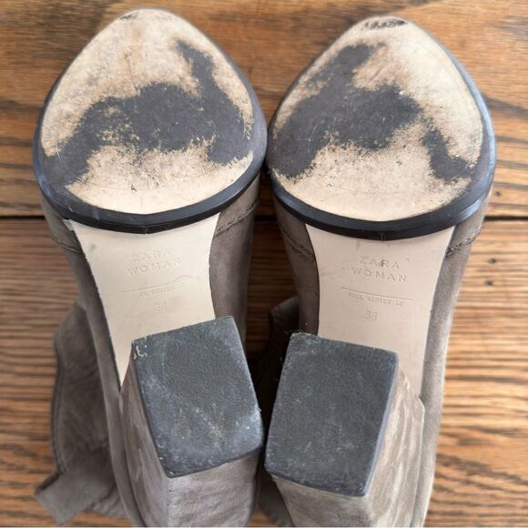 ZARA Woman Cowboy Ankle Boots Leather Booties Taupe Rustic Broken In Size 38 / 7 - Picture 6 of 7